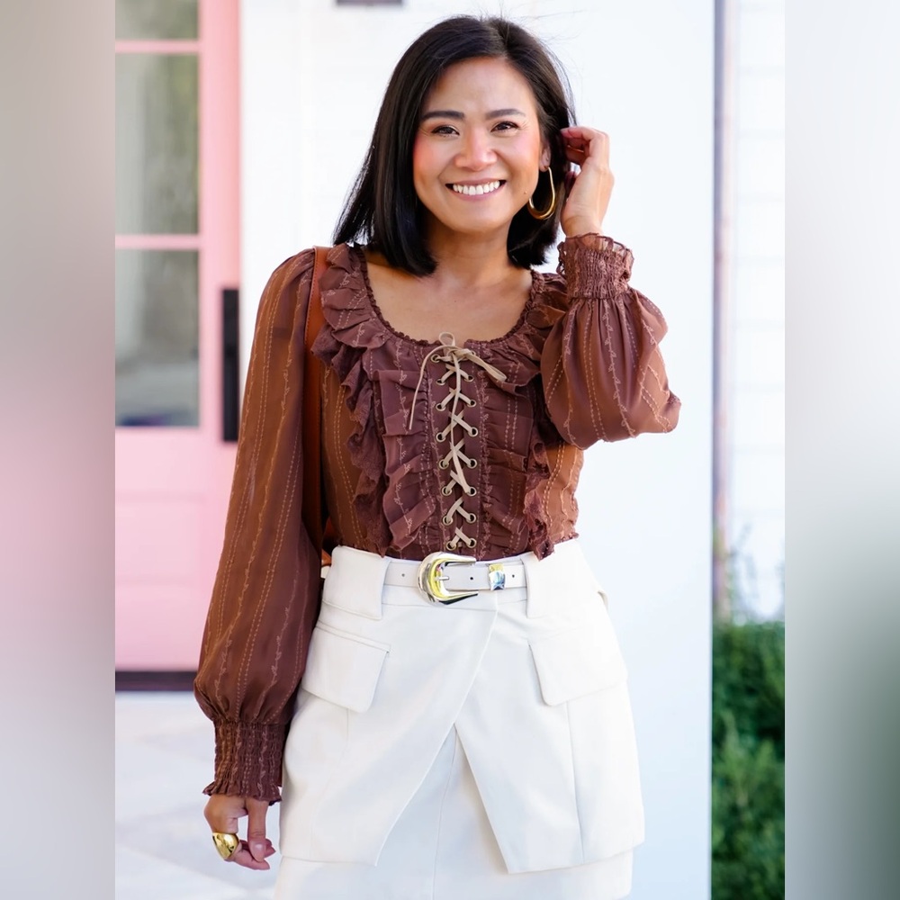 Forte Boutique Long Sleeve Lace-Up Ruffle Blouse in Mocha